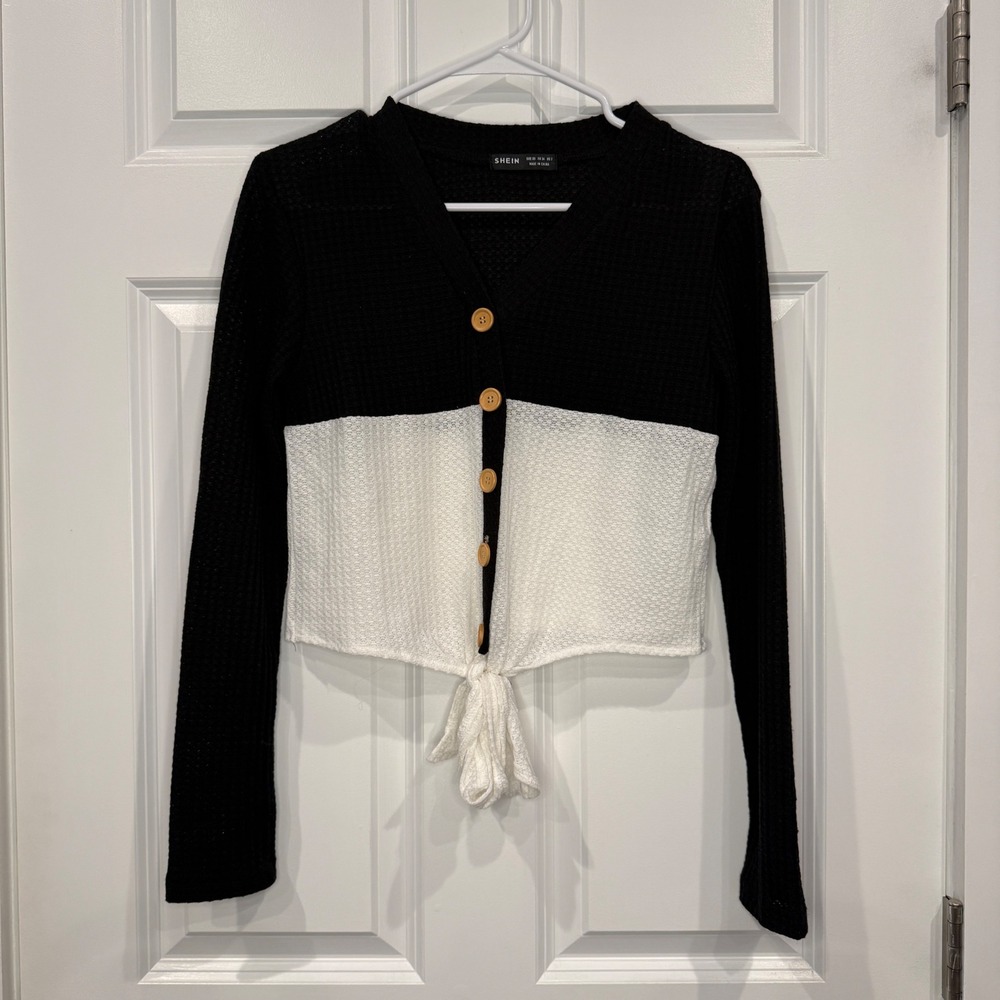 SHEIN Womens Black White Colorblock Waffle Knit Tie Front Cardigan Size XS